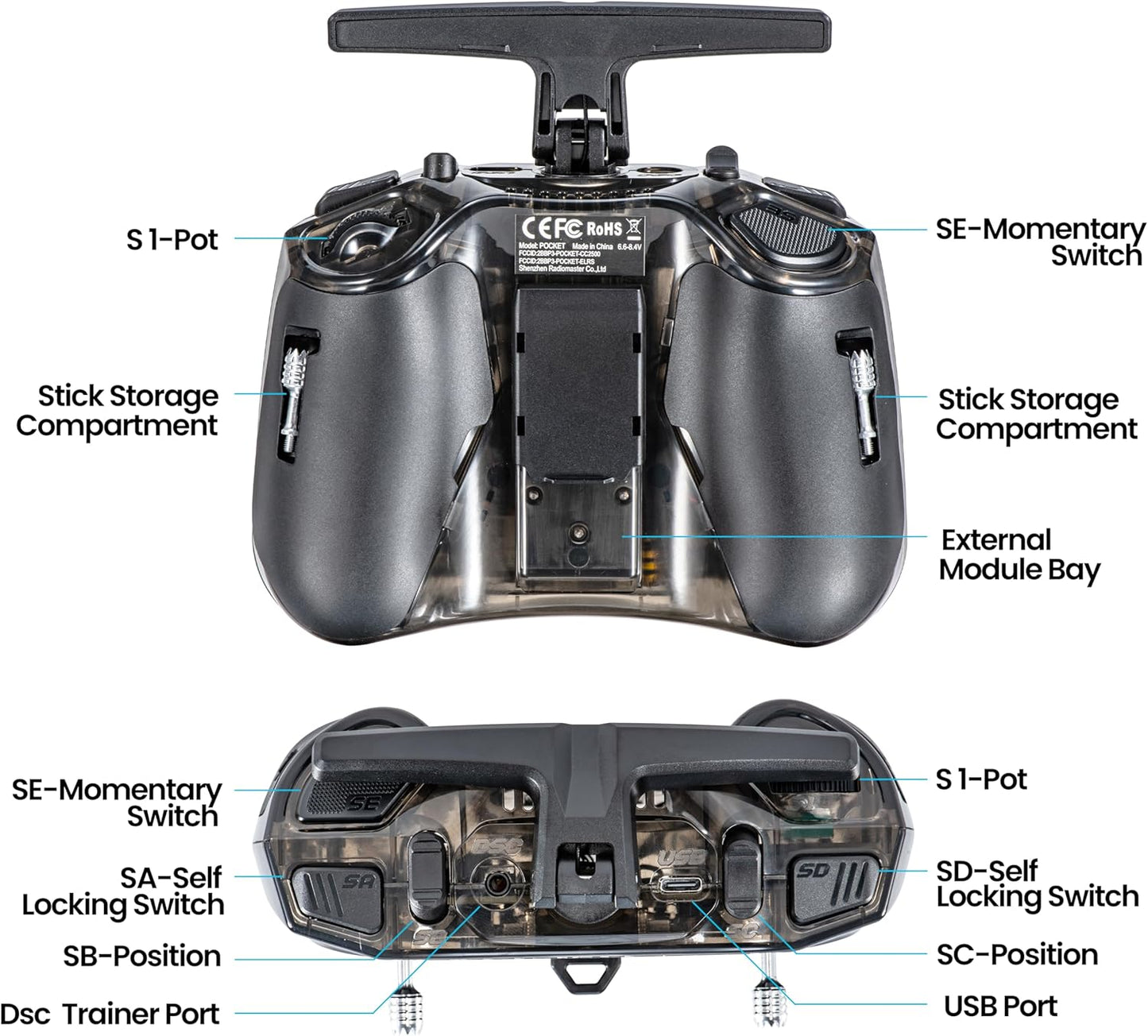 Radiomaster Pocket ELRS Remote Controller Portable Hall Gimbal Edgetx Transmitter with LED Light for FPV Drone/Rc Helicopter&Car Boats&Multirotor (Battery Not Included)