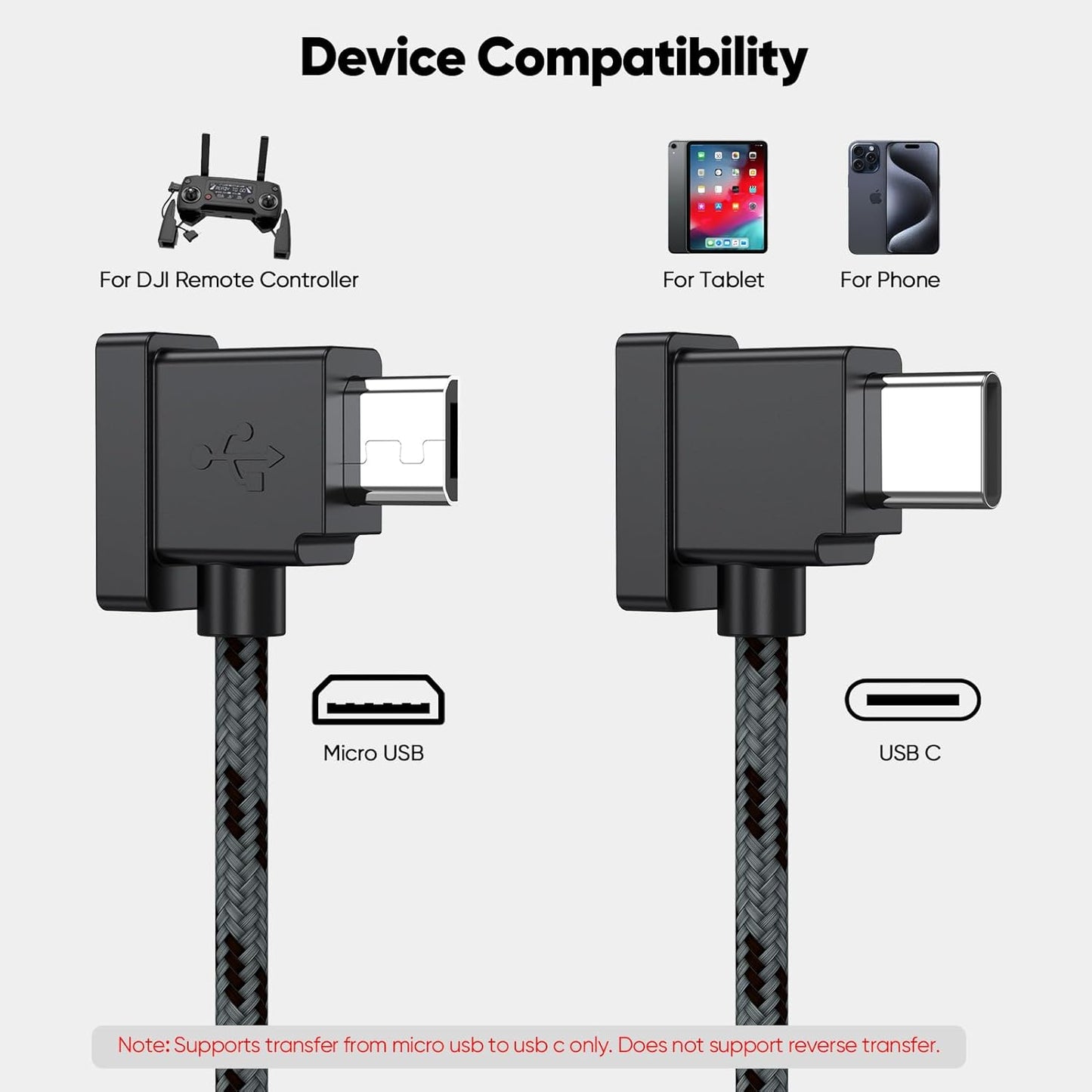 Micro USB to USB C Remote Controller Cable for DJI Mavic Mini, Mavic Pro/2 Pro/Zoom, Mavic Air, Spark, Mini SE Drone Accessories to Iphone 17/16/15, Galaxy, Ipad, Braided OTG Data Cable 0.5FT