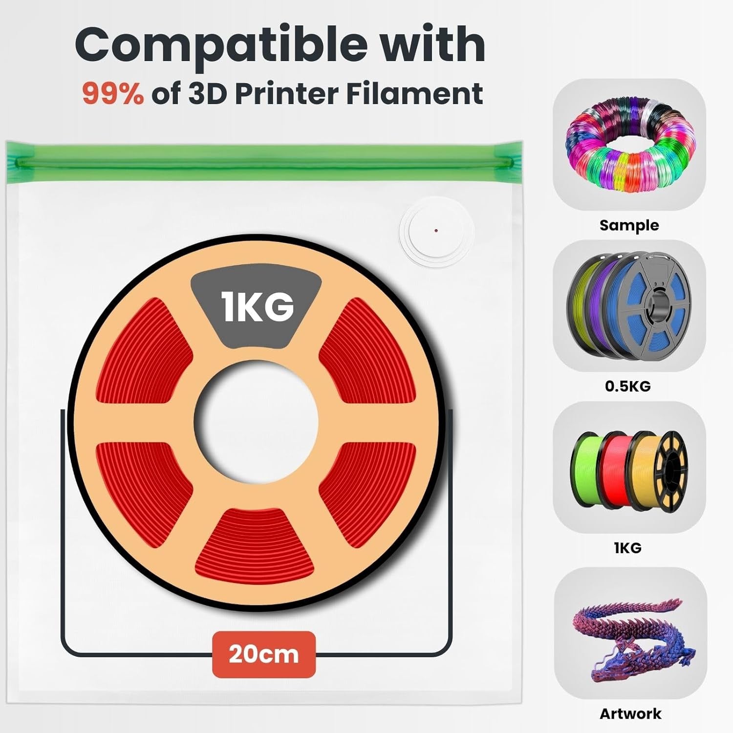 3D Printer Filament Storage Bags Vacuum Storage Bags Kit 3D Printer Accessories with 20 Storage Bags (13X15 Inches), 20 Desiccants, Auto Pump, 2 Sealing Clips, Dust Proof, Humidity Resistant