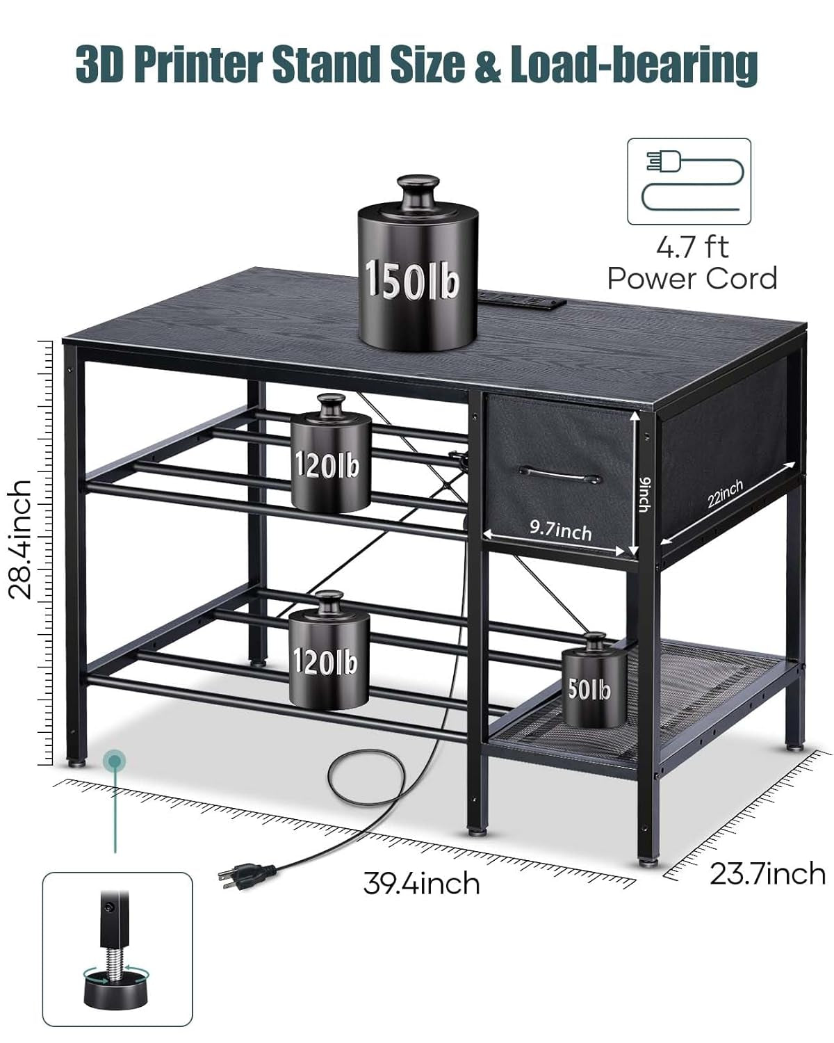 3D Printer Table with Filaments Storage - 3D Printer Stand Filament Storage Rack Heavy Duty 3D Print Desk with Drawer for Workshop Studio Office (Black)