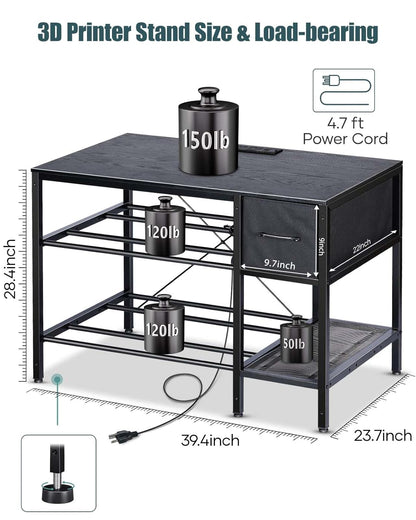 3D Printer Table with Filaments Storage - 3D Printer Stand Filament Storage Rack Heavy Duty 3D Print Desk with Drawer for Workshop Studio Office (Black)