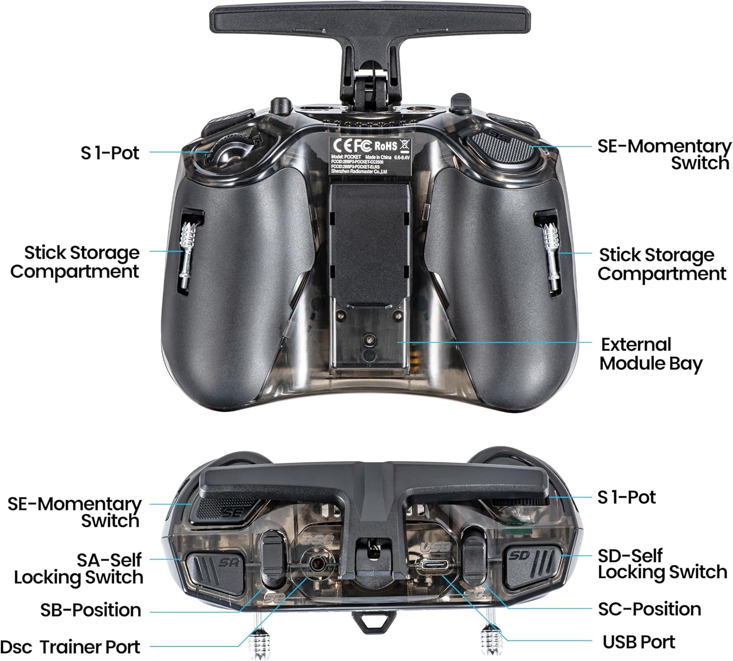 Radiomaster Pocket ELRS Remote Controller Portable Hall Gimbal Edgetx Transmitter with LED Light for FPV Drone/Rc Helicopter&Car Boats&Multirotor (Battery Not Included)