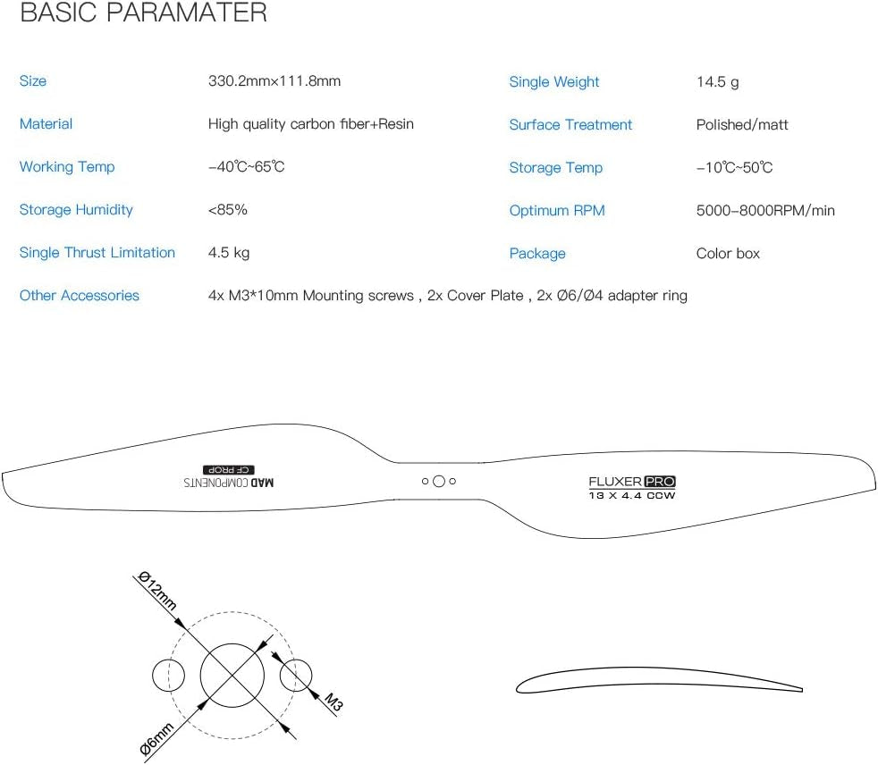 FLUXER PRO MATT 13X4.4 Inch D6-D12(M3X2) 1 Pair Carbon Fiber Propeller CW CCW Drones Props for Multicopter Quadcopter Hexacopter RC DIY Hobby