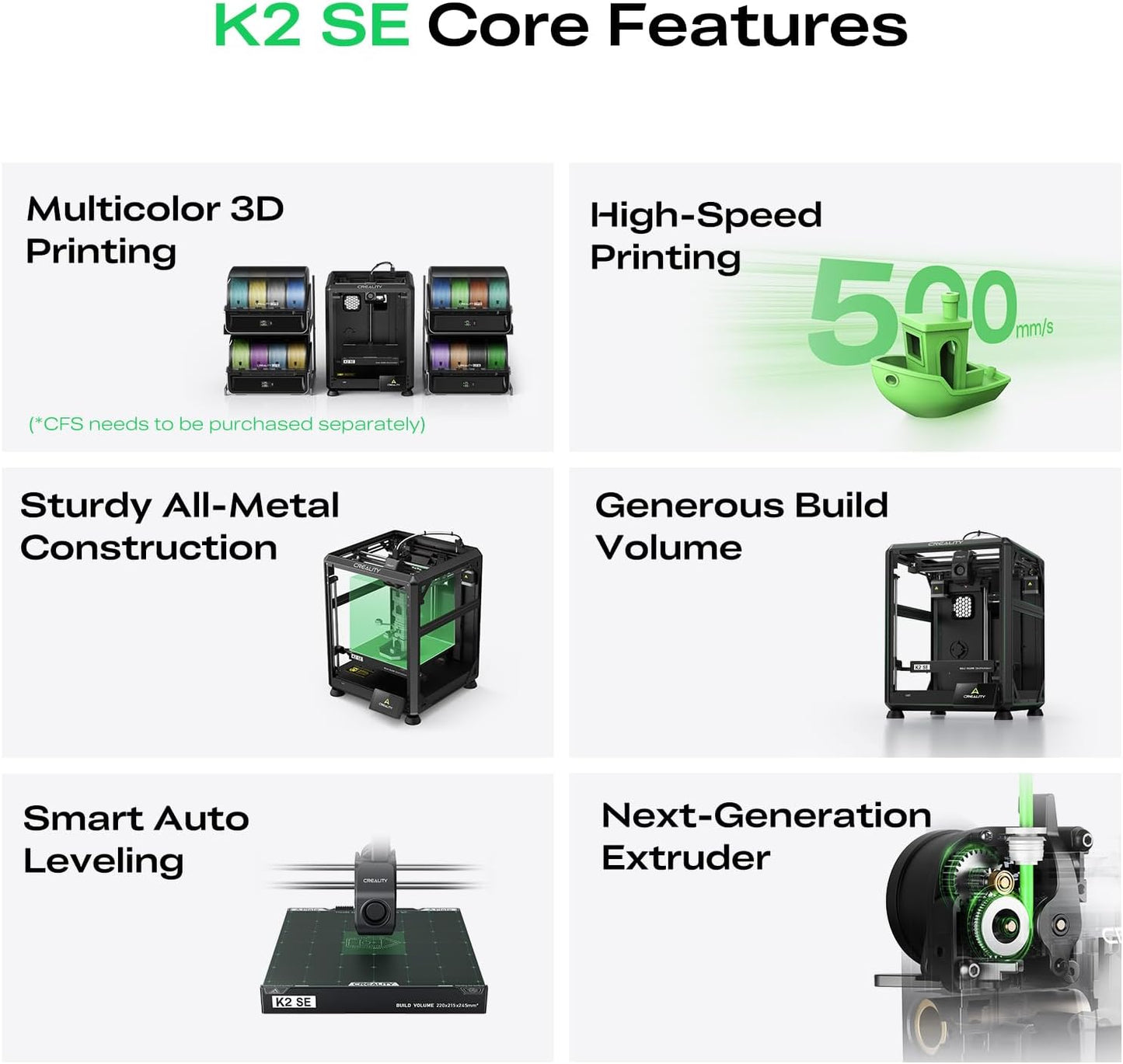 K2 SE 3D Printer, 500Mm/S High-Speed Printing, Support Multi Color 3D Printing Needs CFS, Solid Metal Build, Auto Leveling, Direct Drive Extruder, Quick-Swap Nozzle, 220×215×245Mm Print Size