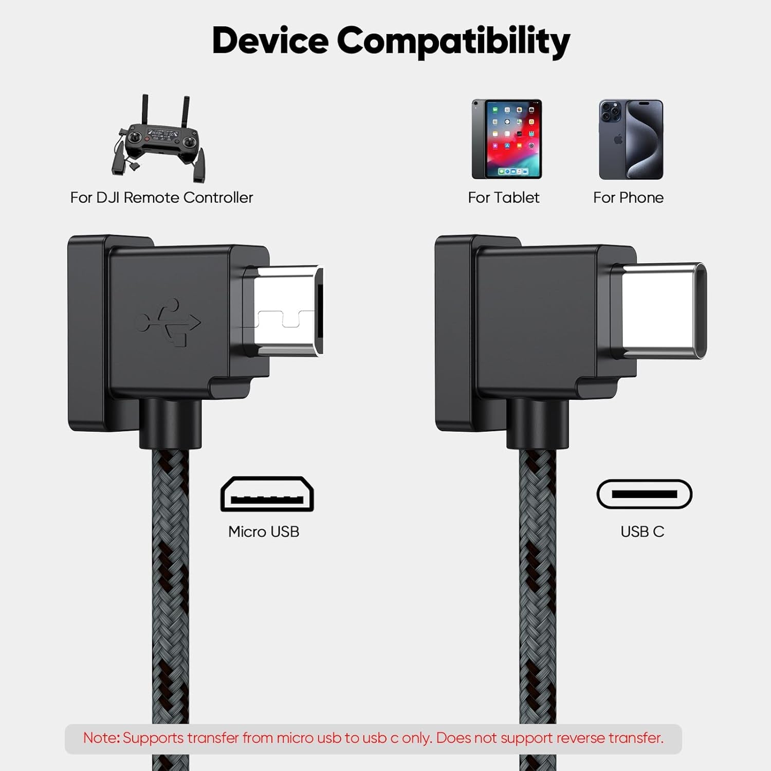 Micro USB to USB C Remote Controller Cable for DJI Mavic Mini, Mavic Pro/2 Pro/Zoom, Mavic Air, Spark, Mini SE Drone Accessories to Iphone 17/16/15, Galaxy, Ipad, Braided OTG Data Cable 0.5FT