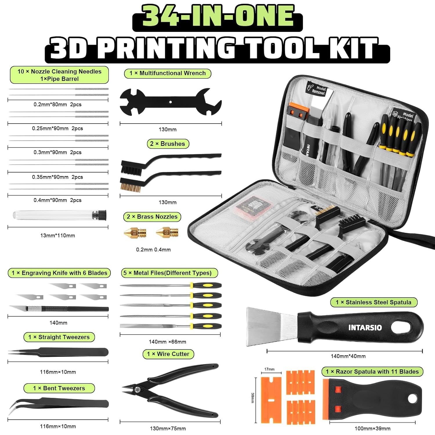 3D Printer Tools Kit, 34Pcs 3D Printer Accessories for All FDM/SLA Printers Includes Nozzle Cleaning, Removal Scrapers, Finishing Tools, 5 Types of Files,Brushes, Wire Cutter, Engraving Knife