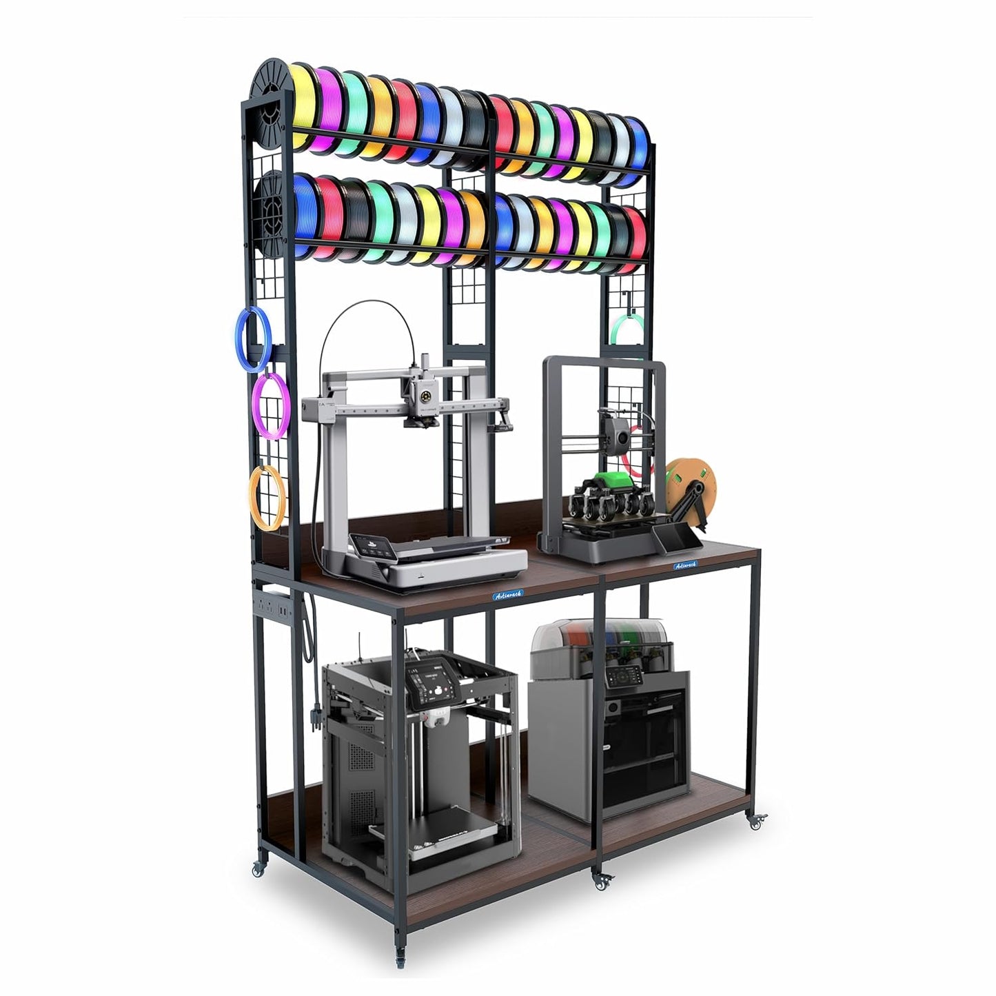 2025 Upgraded Dual 3D Printer Stand with Filament Storage Workstation, Extended Storage Mobile 3D Printer Table Workbench, AC/USB Power Hub for Studio Workshop