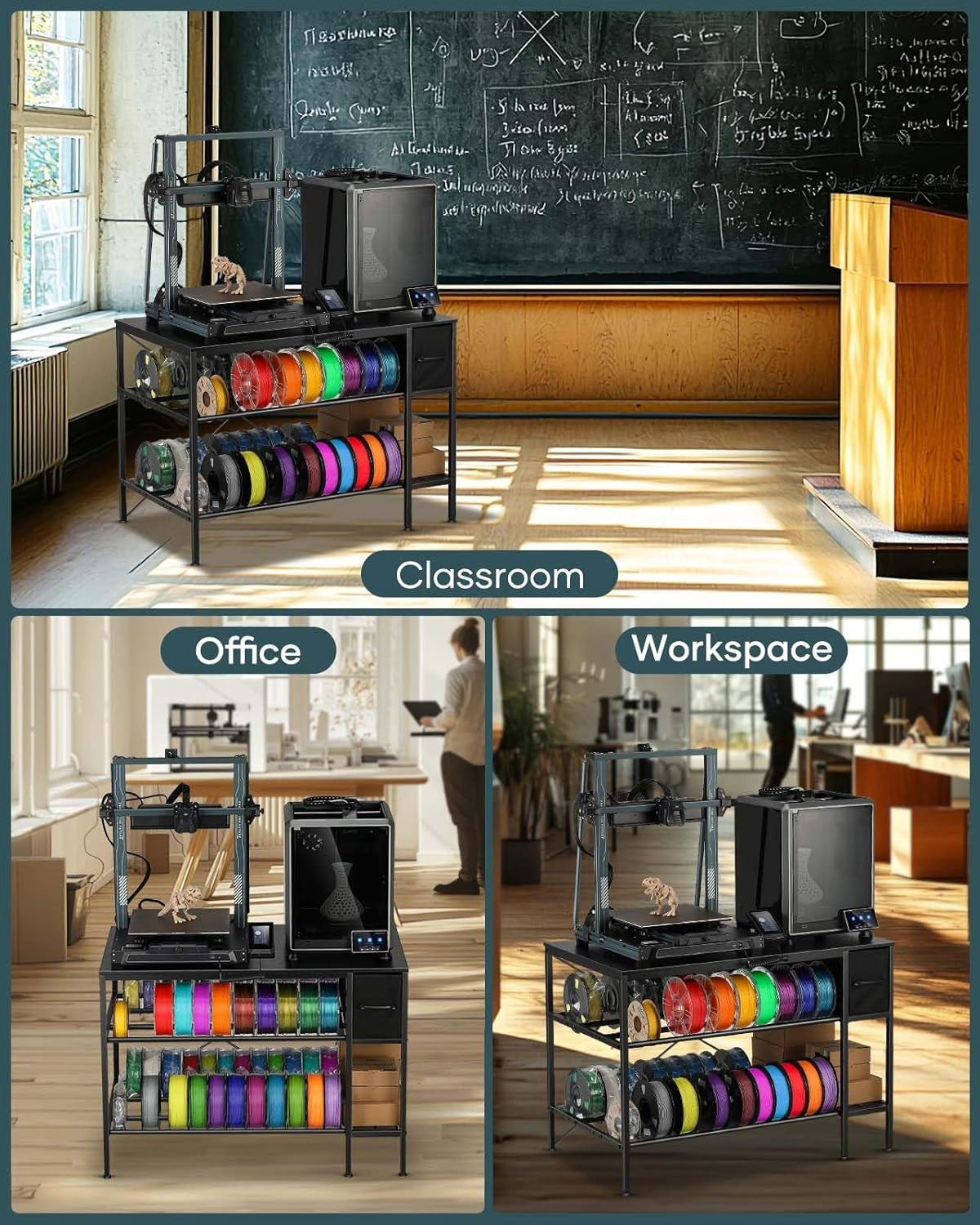 3D Printer Table with Filaments Storage - 3D Printer Stand Filament Storage Rack Heavy Duty 3D Print Desk with Drawer for Workshop Studio Office (Black)