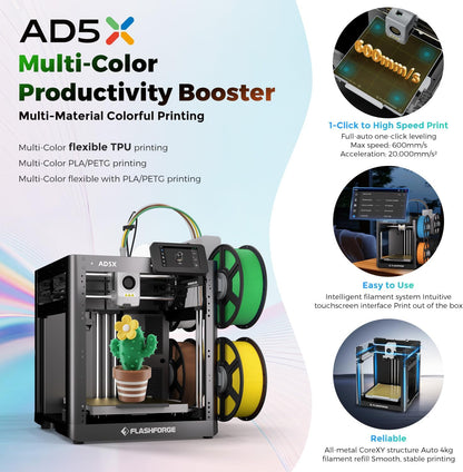 3D Printer AD5X W/O Filament, IFS Multi-Color Printing, Corexy 600Mm/S High Speed & Precision, Auto Calibration & Vibration Compensation, 300℃ Direct Drive Extruder Unleash Your Creativity