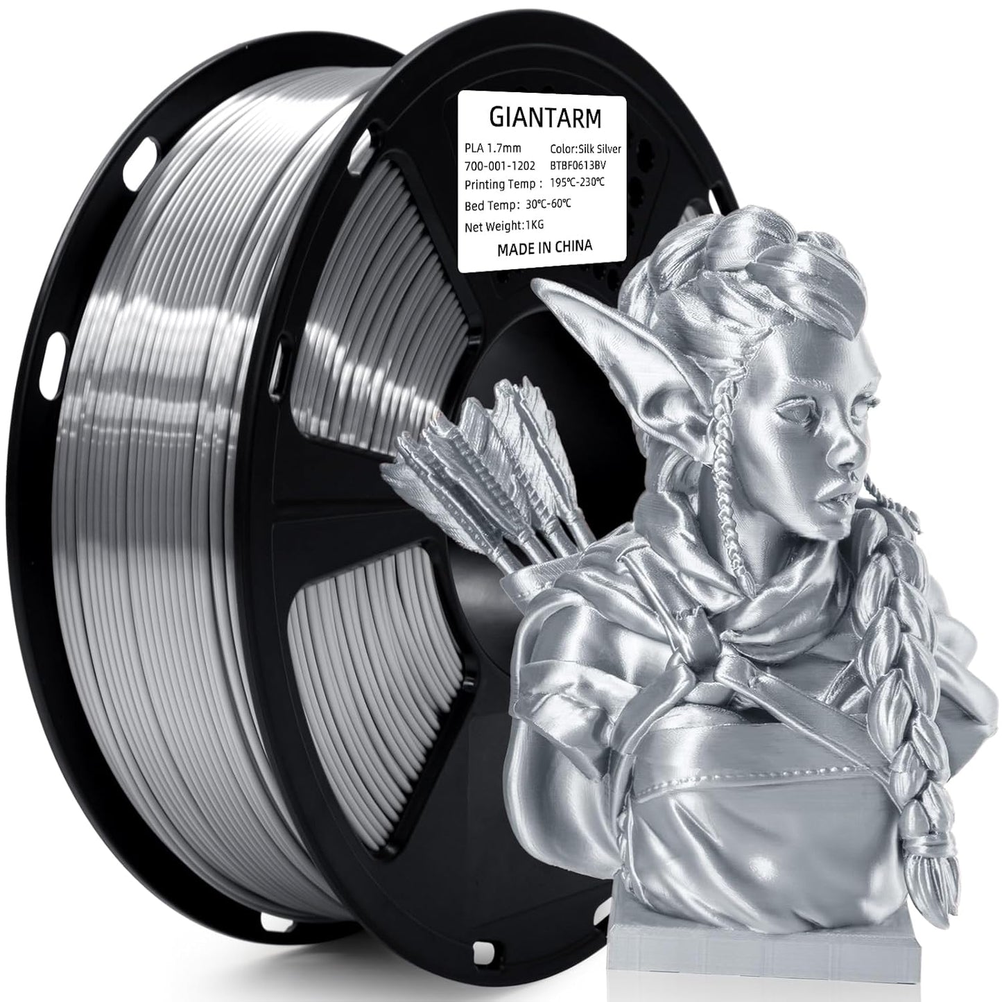 Silk Metallic Silver PLA 3D Printer Filament 1Kg Spool, 1.75Mm Dimensional Accuracy +/-0.03Mm, 1080 Feet per Roll, Vacuum Packaging