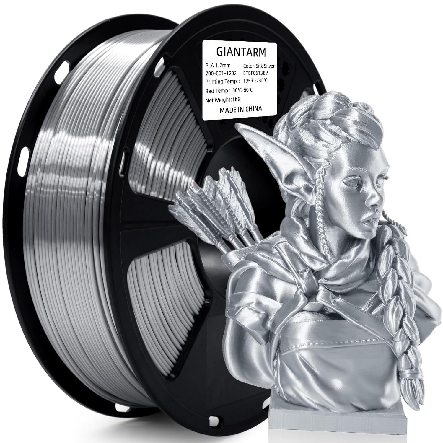 Silk Metallic Silver PLA 3D Printer Filament 1Kg Spool, 1.75Mm Dimensional Accuracy +/-0.03Mm, 1080 Feet per Roll, Vacuum Packaging