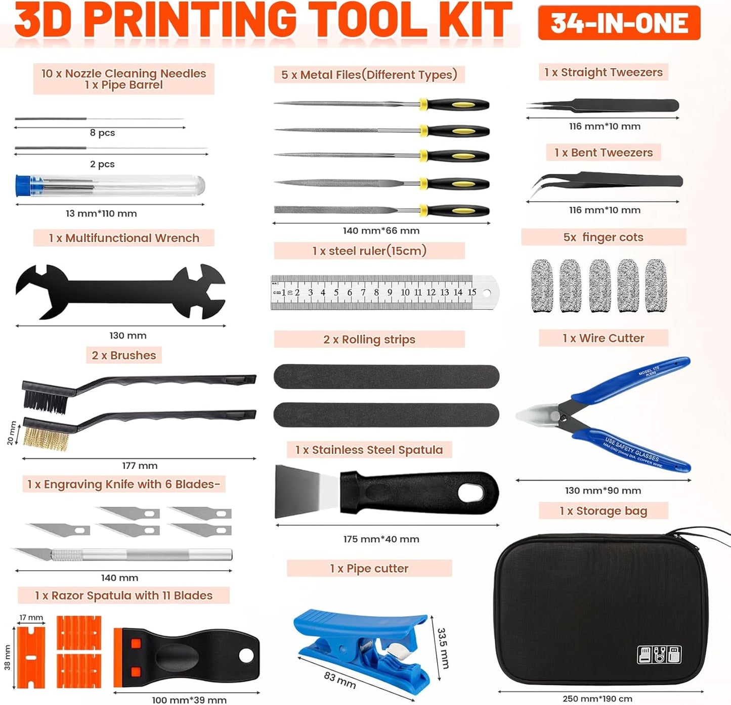 50Pcs 3D Printer Tool Kit & Accessories – Nozzle Cleaning Tools, Scrapers, Files, Wire Cutter, Craft Knife, Tube Cutter, Wrench & Tweezers – Complete Starter Kit with Tool Bag for Cleaning & Finishing