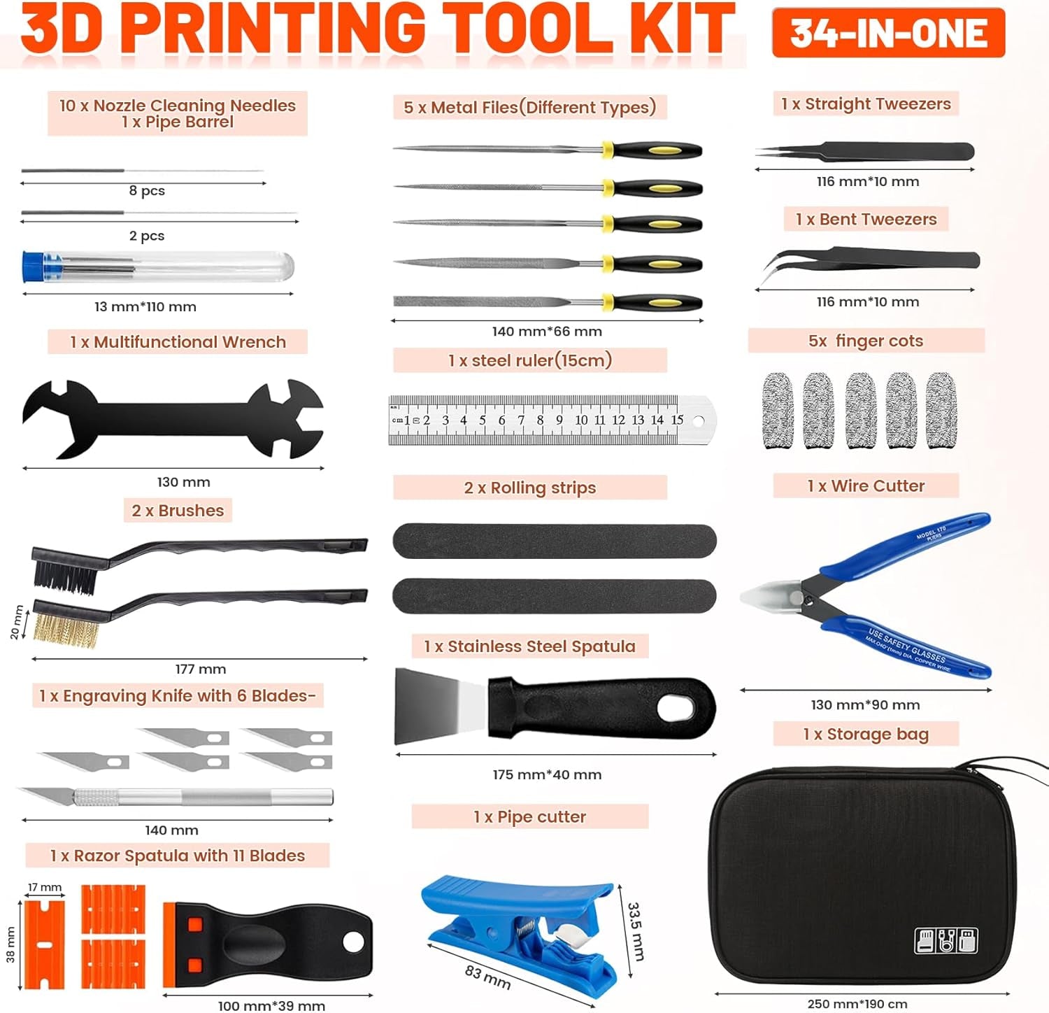 50Pcs 3D Printer Tool Kit & Accessories – Nozzle Cleaning Tools, Scrapers, Files, Wire Cutter, Craft Knife, Tube Cutter, Wrench & Tweezers – Complete Starter Kit with Tool Bag for Cleaning & Finishing