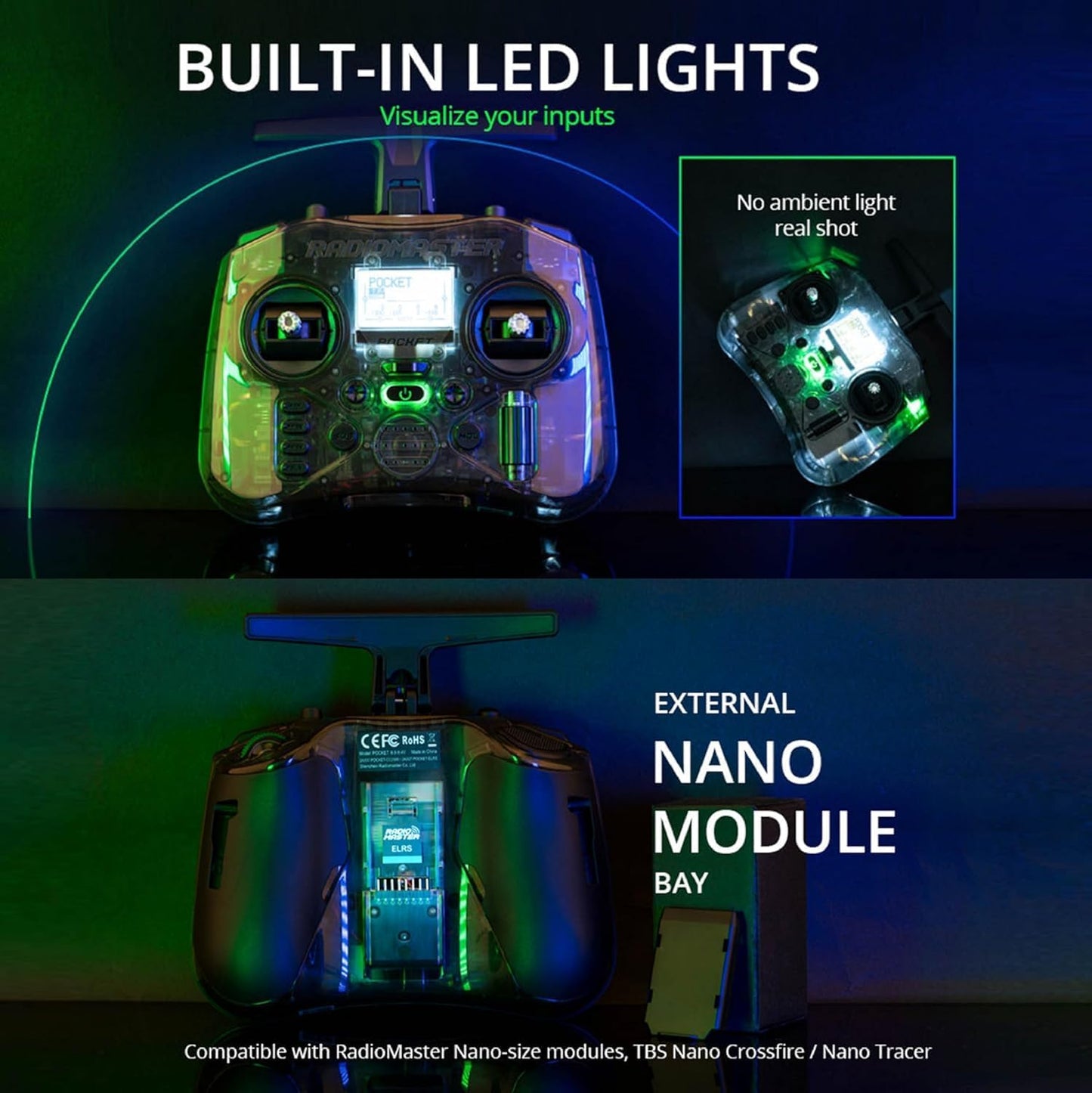 Radiomaster Pocket ELRS Remote Controller Portable Hall Gimbal Edgetx Transmitter with LED Light for FPV Drone/Rc Helicopter&Car Boats&Multirotor (Battery Not Included)