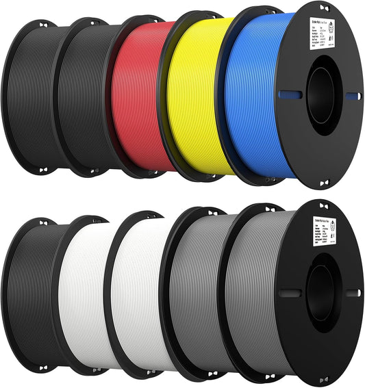 10 Pack PLA 1.75Mm Filament Bundle for 3D Printing with No-Tangling Strong Bonding and Overhang Performance, Accuracy +/- 0.02Mm (3Black,2White,2Grey,Blue,Red,Yellow)