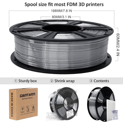 Silk Metallic Silver PLA 3D Printer Filament 1Kg Spool, 1.75Mm Dimensional Accuracy +/-0.03Mm, 1080 Feet per Roll, Vacuum Packaging