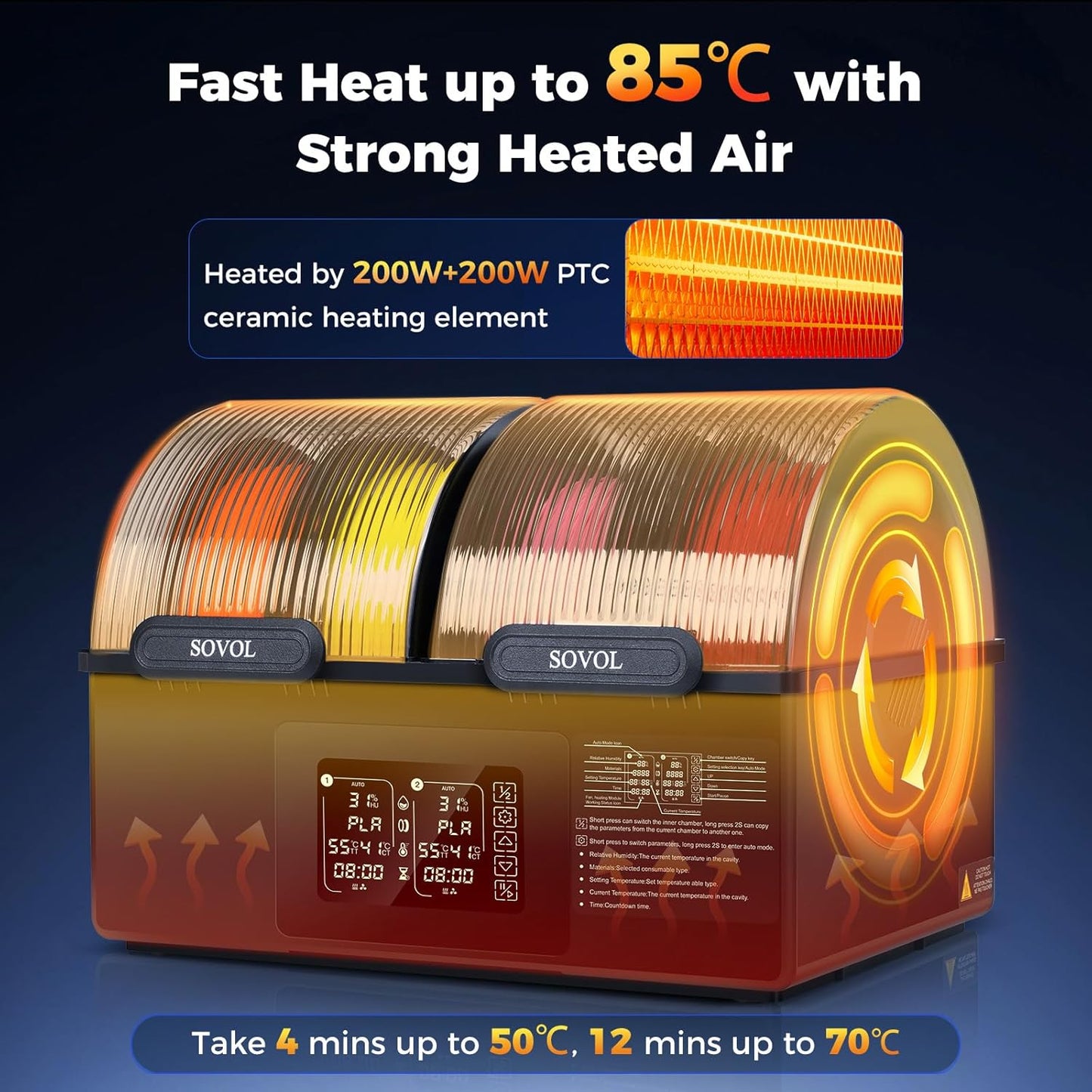 Filament Dryer 4 Spools, SH03 Dry Box with 85℃ Max Temp, Sealed Filament Storage Box with Auto Dehumiditification, Dual Independent Heating Chambers for PLA PETG ABS TPU ASA PC PA 1.75/2.85Mm