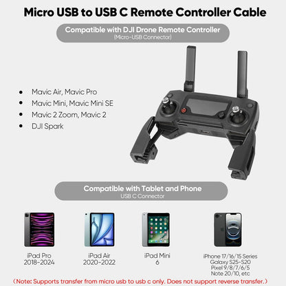 Micro USB to USB C Remote Controller Cable for DJI Mavic Mini, Mavic Pro/2 Pro/Zoom, Mavic Air, Spark, Mini SE Drone Accessories to Iphone 17/16/15, Galaxy, Ipad, Braided OTG Data Cable 0.5FT