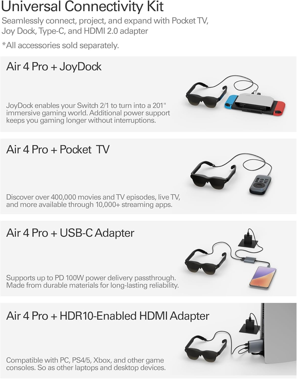 Air 4 Pro AR/XR Glasses - 201" HDR10 Video Display, Vision 4000 Chip, Audio by Bang & Olufsen, 3D Movies & Gaming Smart Glasses for Iphone 17,16,15/Android/Switch 2/Mac/Ps4/5-4 Pro