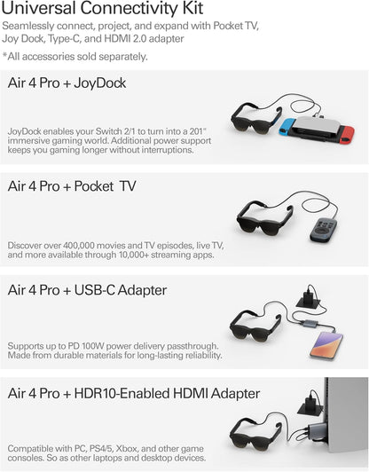 Air 4 Pro AR/XR Glasses - 201" HDR10 Video Display, Vision 4000 Chip, Audio by Bang & Olufsen, 3D Movies & Gaming Smart Glasses for Iphone 17,16,15/Android/Switch 2/Mac/Ps4/5-4 Pro