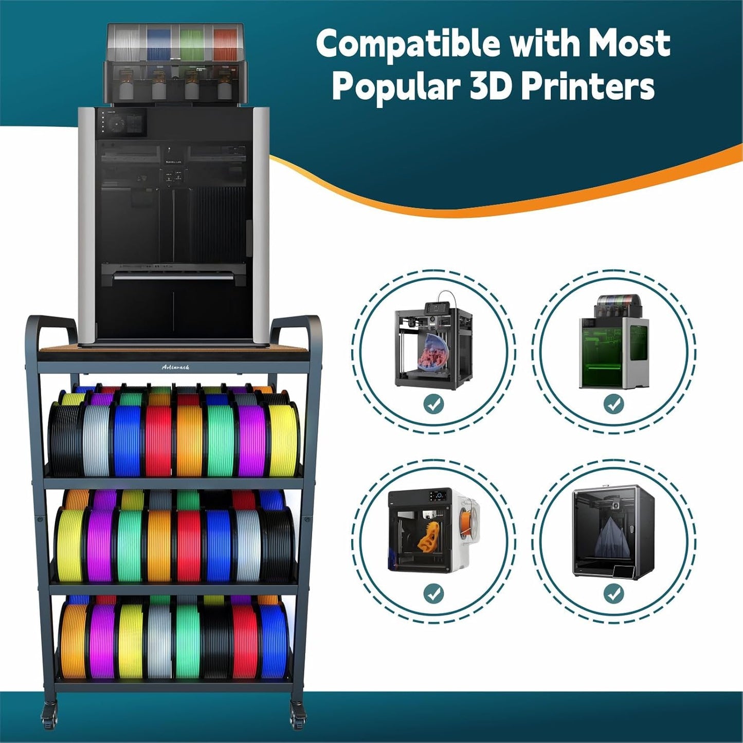 2026 Upgraded AC4 Heavy Duty 3D Printer Table Stand with High Density Polymer Vibration Damping Pads, 4 Tier 3D Filament Storage Rack with Wider Wheels for Home Office, Workshop Studio