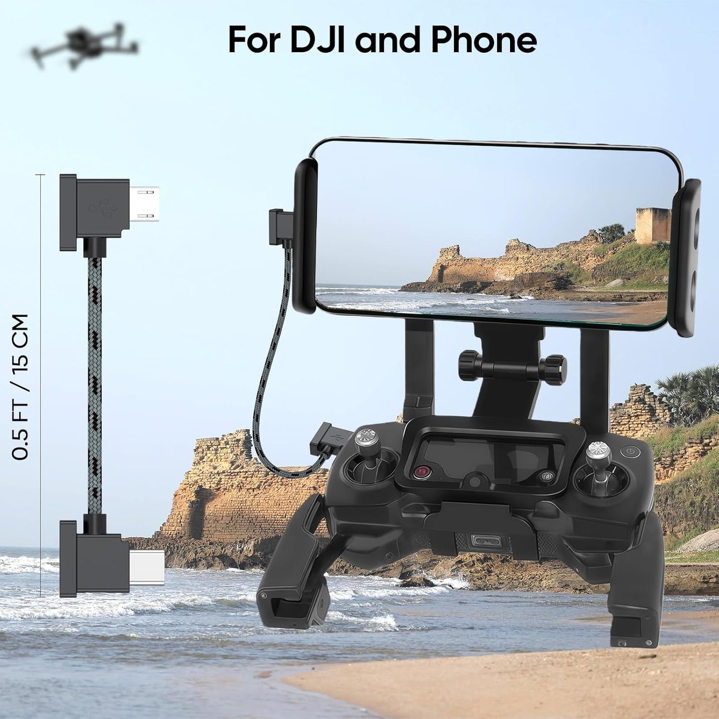 Micro USB to USB C Remote Controller Cable for DJI Mavic Mini, Mavic Pro/2 Pro/Zoom, Mavic Air, Spark, Mini SE Drone Accessories to Iphone 17/16/15, Galaxy, Ipad, Braided OTG Data Cable 0.5FT