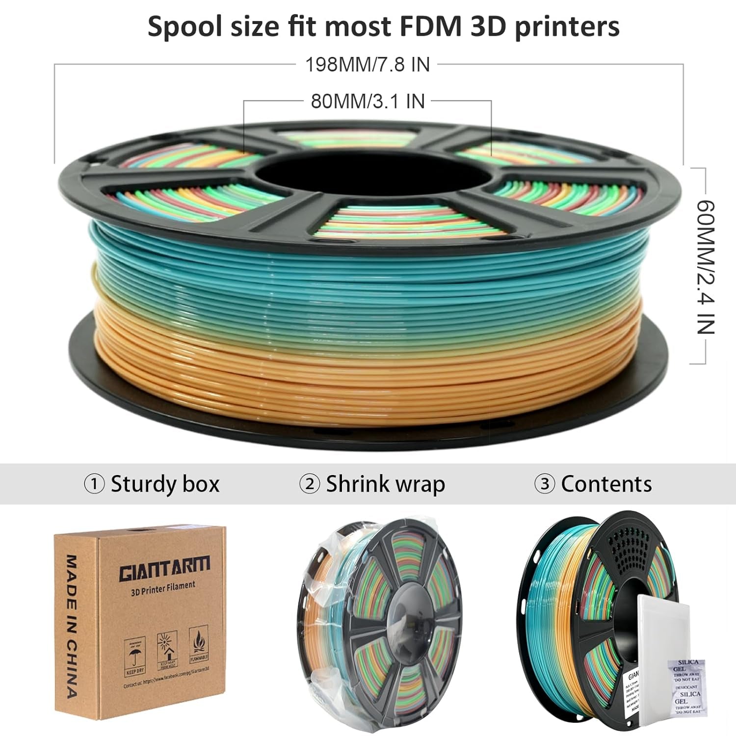 3D Printer Filament,1.75Mm Rainbow PLA Filament,Color Changing Filament 1Kg Spool (2.2Lbs),Muticolor Filament with Vacuum Packaging
