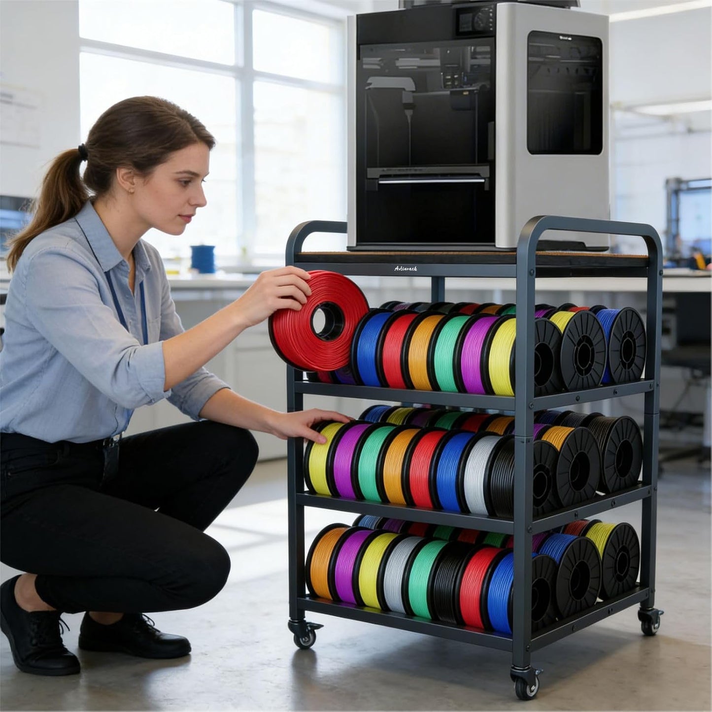 2026 Upgraded AC4 Heavy Duty 3D Printer Table Stand with High Density Polymer Vibration Damping Pads, 4 Tier 3D Filament Storage Rack with Wider Wheels for Home Office, Workshop Studio