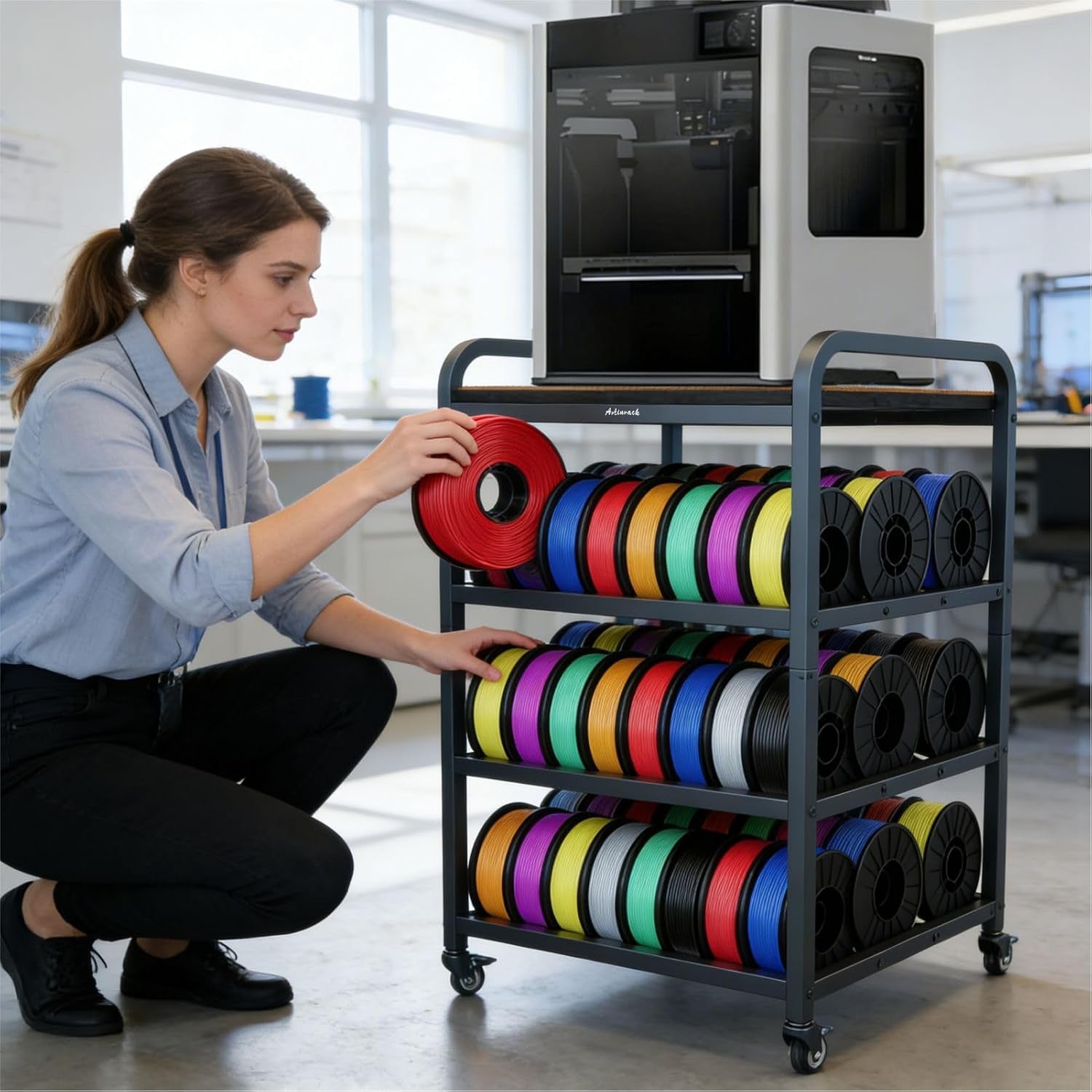 2026 Upgraded AC4 Heavy Duty 3D Printer Table Stand with High Density Polymer Vibration Damping Pads, 4 Tier 3D Filament Storage Rack with Wider Wheels for Home Office, Workshop Studio