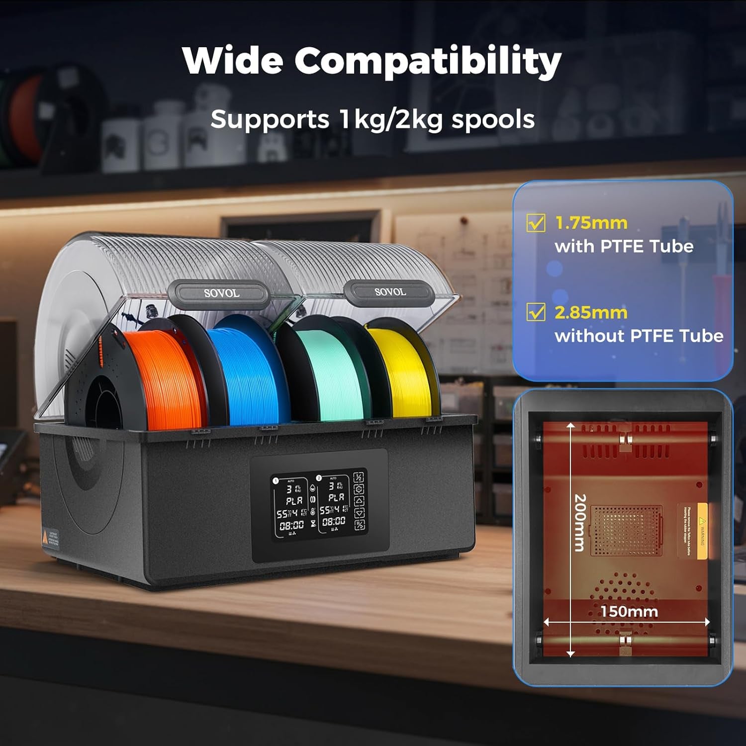 Filament Dryer 4 Spools, SH03 Dry Box with 85℃ Max Temp, Sealed Filament Storage Box with Auto Dehumiditification, Dual Independent Heating Chambers for PLA PETG ABS TPU ASA PC PA 1.75/2.85Mm