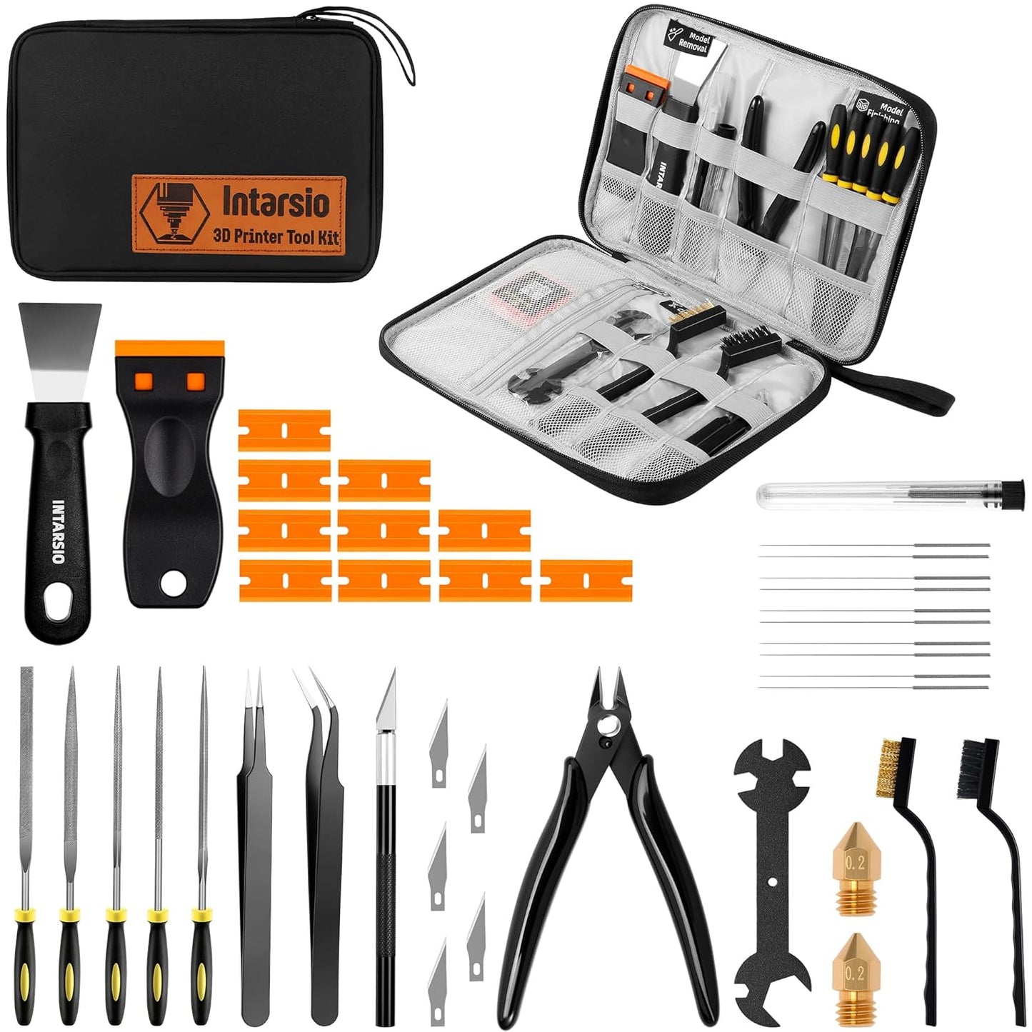 3D Printer Tools Kit, 34Pcs 3D Printer Accessories for All FDM/SLA Printers Includes Nozzle Cleaning, Removal Scrapers, Finishing Tools, 5 Types of Files,Brushes, Wire Cutter, Engraving Knife