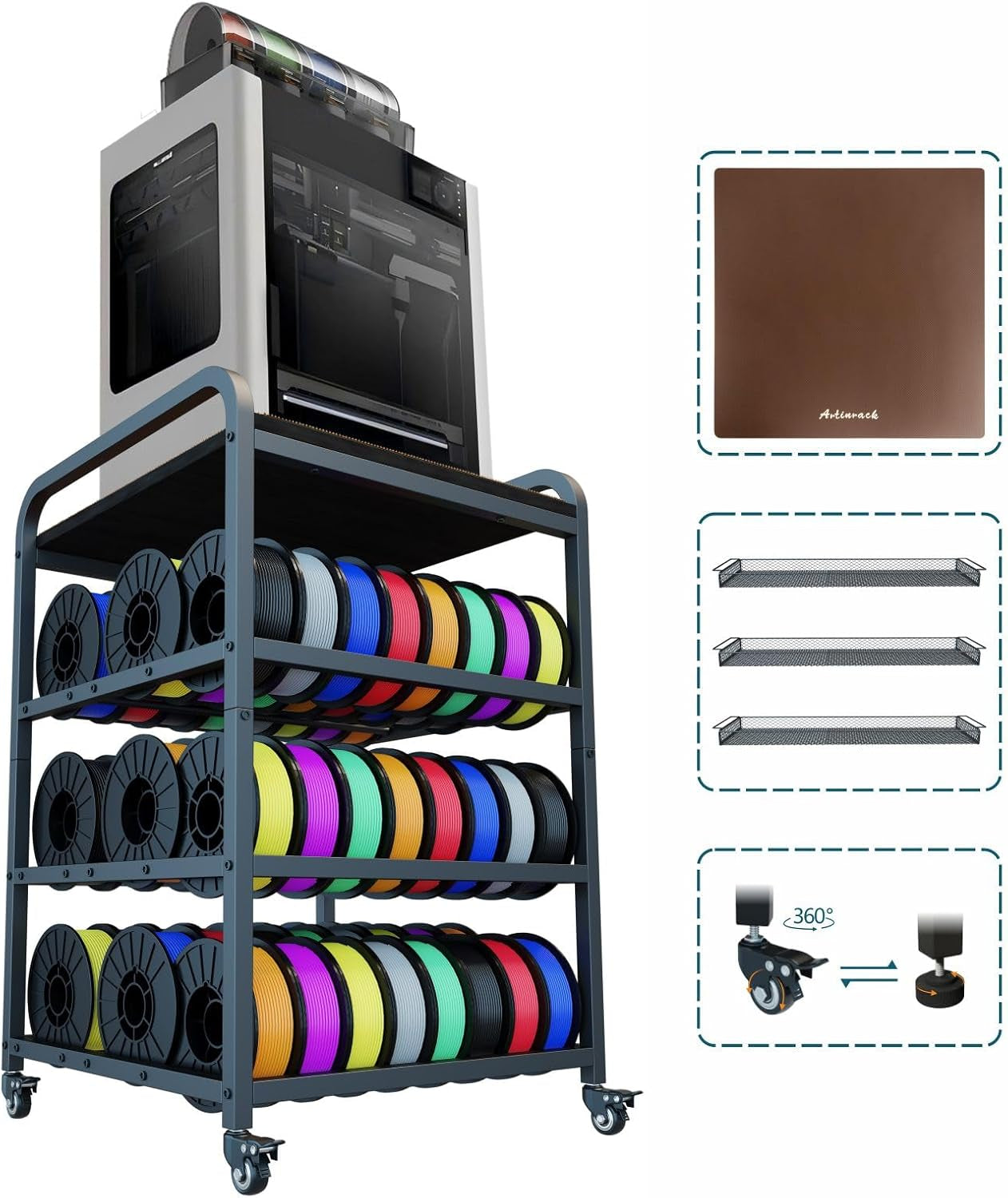 2026 Upgraded AC4 Heavy Duty 3D Printer Table Stand with High Density Polymer Vibration Damping Pads, 4 Tier 3D Filament Storage Rack with Wider Wheels for Home Office, Workshop Studio