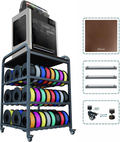 2026 Upgraded AC4 Heavy Duty 3D Printer Table Stand with High Density Polymer Vibration Damping Pads, 4 Tier 3D Filament Storage Rack with Wider Wheels for Home Office, Workshop Studio