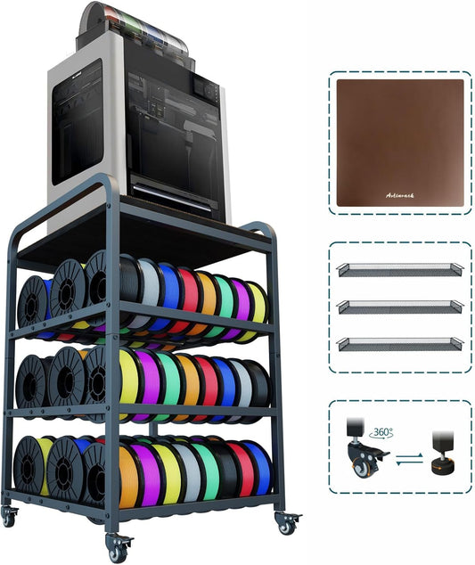 2026 Upgraded AC4 Heavy Duty 3D Printer Table Stand with High Density Polymer Vibration Damping Pads, 4 Tier 3D Filament Storage Rack with Wider Wheels for Home Office, Workshop Studio