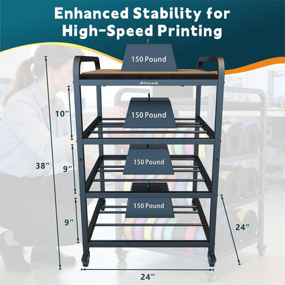 2026 Upgraded AC4 Heavy Duty 3D Printer Table Stand with High Density Polymer Vibration Damping Pads, 4 Tier 3D Filament Storage Rack with Wider Wheels for Home Office, Workshop Studio