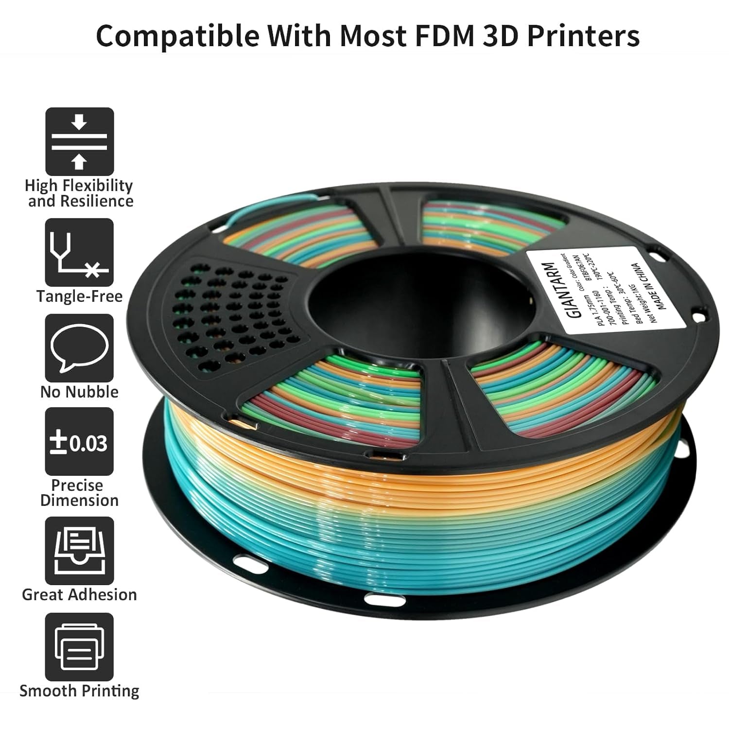 3D Printer Filament,1.75Mm Rainbow PLA Filament,Color Changing Filament 1Kg Spool (2.2Lbs),Muticolor Filament with Vacuum Packaging