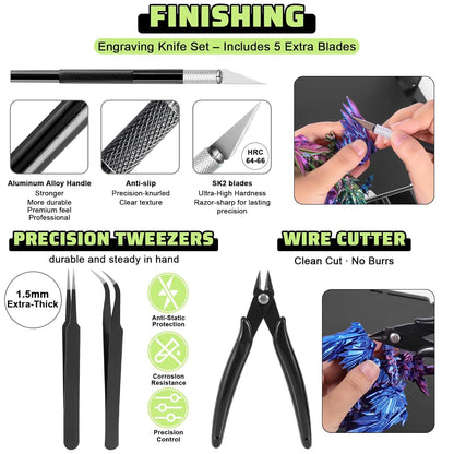3D Printer Tools Kit, 34Pcs 3D Printer Accessories for All FDM/SLA Printers Includes Nozzle Cleaning, Removal Scrapers, Finishing Tools, 5 Types of Files,Brushes, Wire Cutter, Engraving Knife
