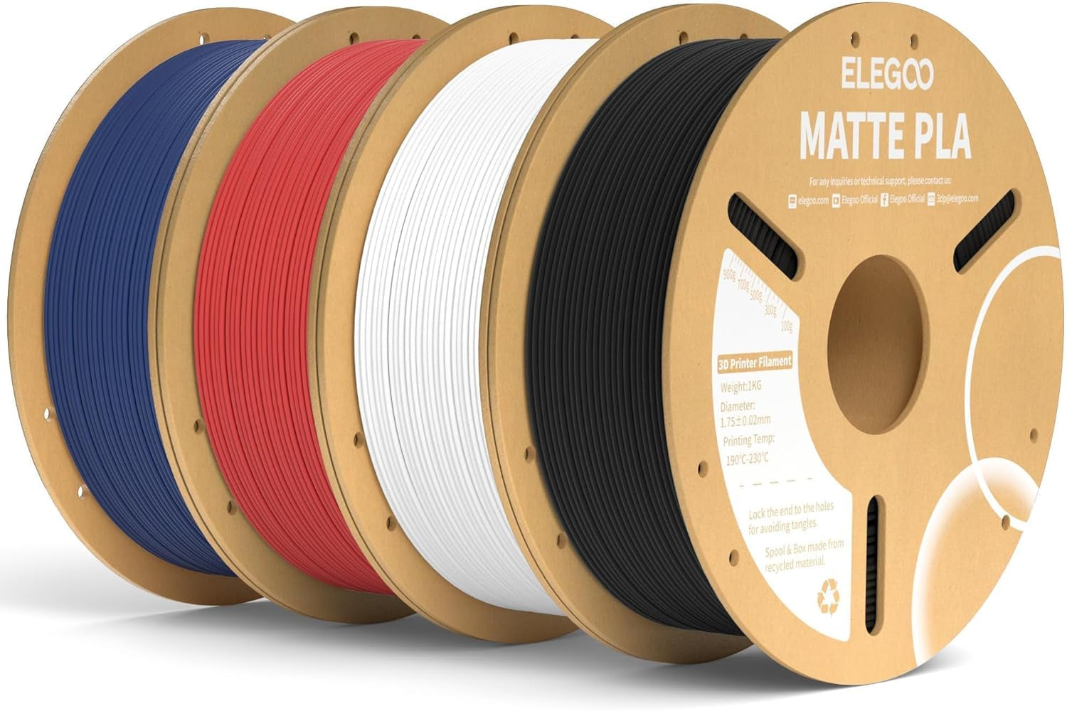Matte PLA Filament Bundle 4KG, 1.75Mm 3D Printer Filament Dimensional Accuracy +/- 0.02Mm, 1Kg Carboard Spool (2.2Lbs) Fits for Most FDM 3D Printers(Black, White, Navy Blue, Ruby Red)