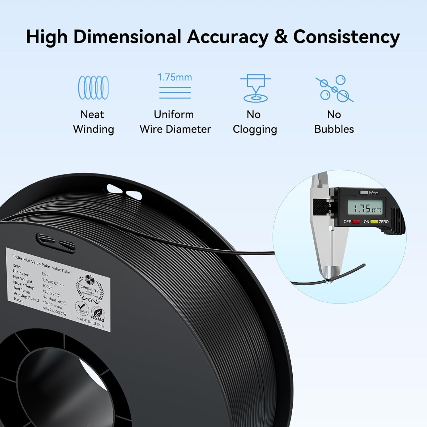 10 Pack PLA 1.75Mm Filament Bundle for 3D Printing with No-Tangling Strong Bonding and Overhang Performance, Accuracy +/- 0.02Mm (3Black,2White,2Grey,Blue,Red,Yellow)
