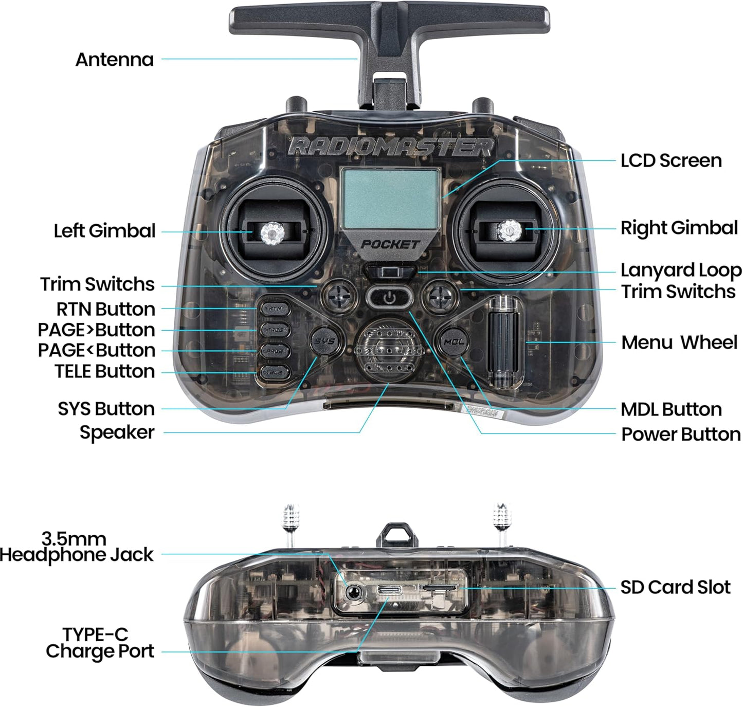 Radiomaster Pocket ELRS Remote Controller Portable Hall Gimbal Edgetx Transmitter with LED Light for FPV Drone/Rc Helicopter&Car Boats&Multirotor (Battery Not Included)