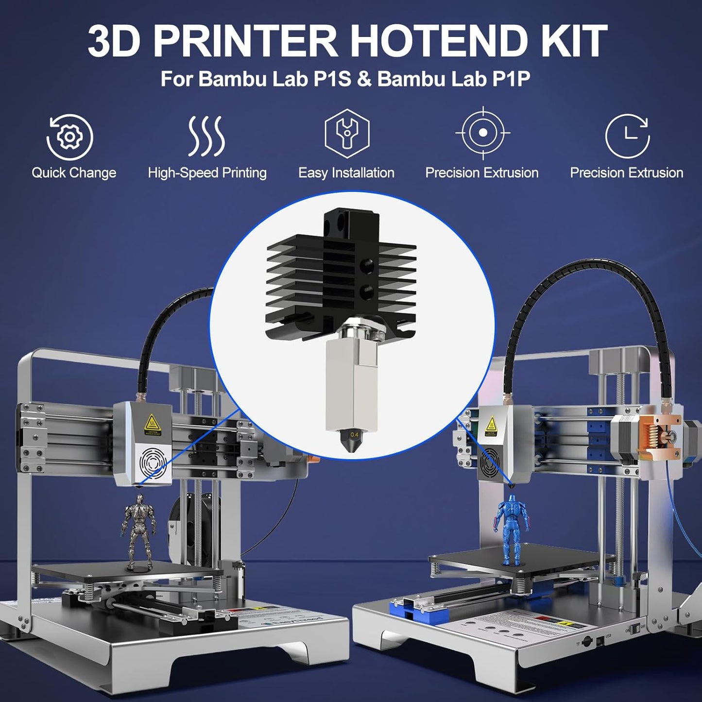 Hotend Kit for Bambu Lab P1P/P1S, 3D Printer Hot End Replacement with Hardened Steel Nozzle 0.2/0.4Mm, High Speed & Temperature Extruder Heating Block Hot End for Bambu Lab P1P/P1S 3D Printers